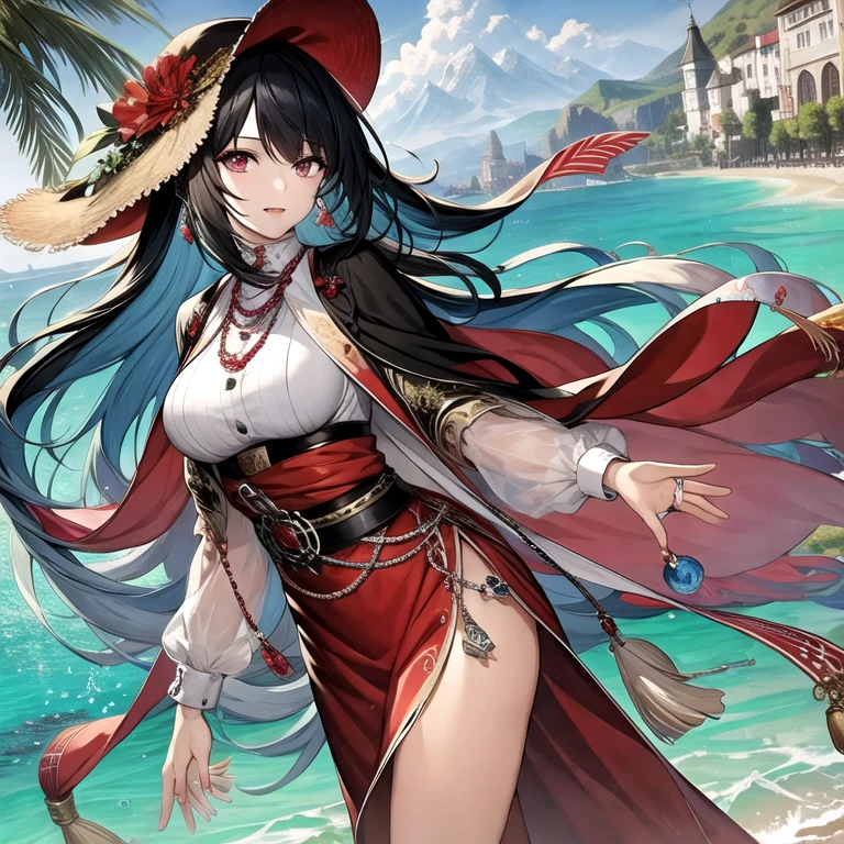 woman,pirate,standing on a boat,scarfで口元を隠す,maritime,Wooden boat,harpoonを持つ,Roll up the hem of the kimono and tuck it into the obi,loincloth,thigh,dark skin,black hair,long hair,tattoo,,hair band,Strong body,Brave face,With keen eyes,thick eyebrows,thick lips,anger,big breasts,cleavage,Hold your weapon,harpoon,scarf,