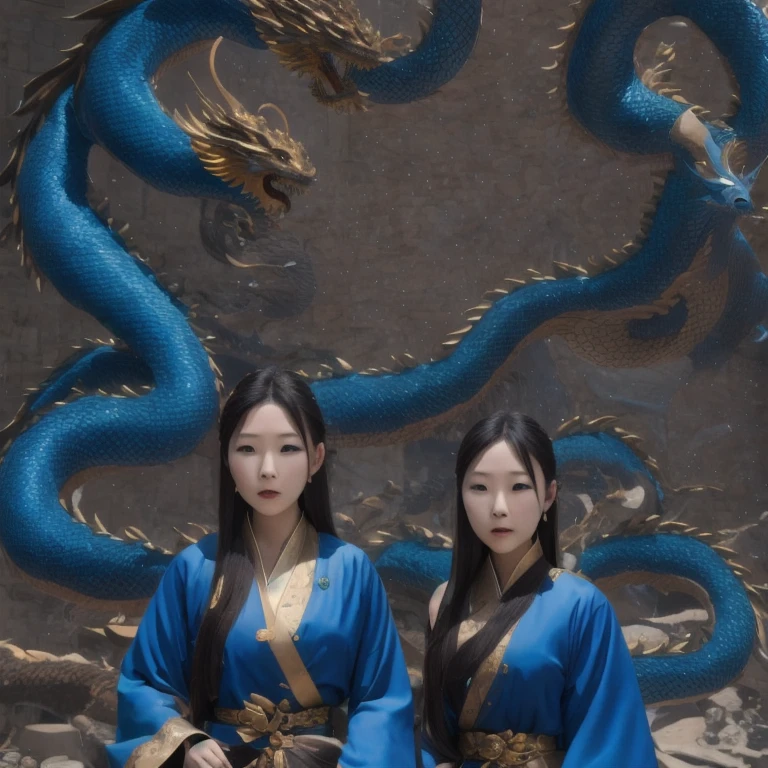 woman in blue dress sitting on a large dragon statue, queen of the sea mu 奈斯 ling, cinematic. by 超级写实派, the dragon girl portrait, 关晓彤   fantasy, w l op and ross 冬雨, ross 网飞剧 and穿越, full body 仙侠, ross 古装 8 k,汉服 jia and art germ, 马面裙 and f国际明星范  科幻, 1girl, solo