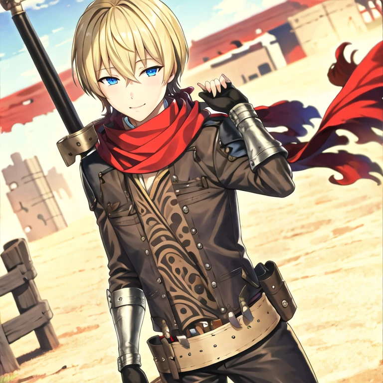 (masterpiece, best quality:1.2), 1boy, solo, male focus, blonde hair, blue eyes, looking at viewer, red scarf, billythekid