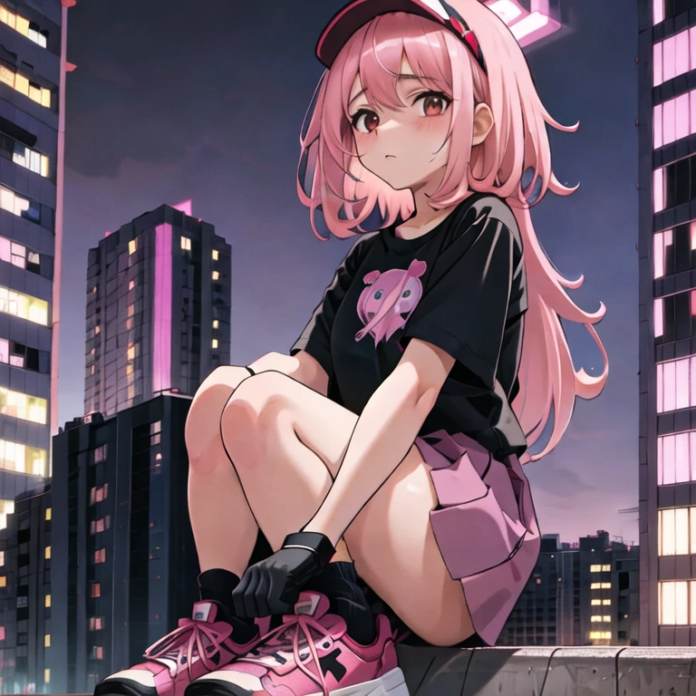 (masterpiece, best quality:1.2), 1girl, solo, adolescente, cabello rosa (esponjoso), ojos marrones (grandes), mejillas coloradas, camiseta negra (por fuera), falda rosa, calzados morados, guantes negros, visores en la cabeza