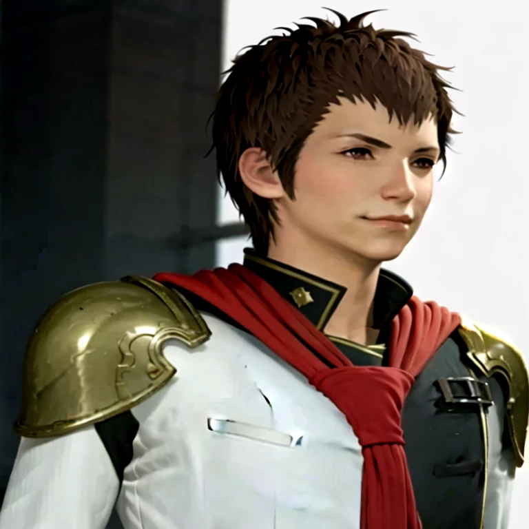 (masterpiece, best quality:1.2,simple background,white background),1boy,solo,eight \(final fantasy\),brown hair,brown eyes,closed mouth,looking at viewer,coat,long sleeves,pauldron,smile,neckerchief