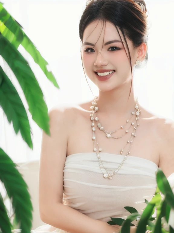 (realistic、masterpiece、Best Quality、8K、highres、high resolution:1.3)、1 girl、smile, Huge breasts、white bikini、pale white skin、looking at viewers、super fine face and eyes、long hair、indoor、 upper body、