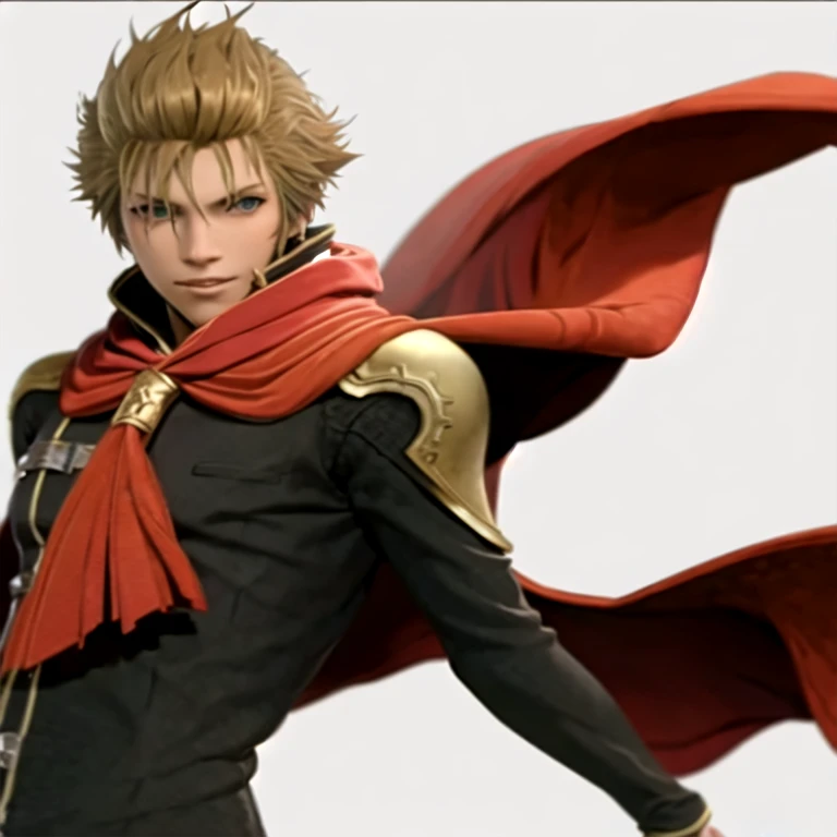 (masterpiece, best quality:1.2,simple background,white background),1boy,solo,jack \(final fantasy\),blonde hair,green eyes,closed mouth,looking at viewer,coat,long sleeves,pauldron,smile,neckerchief,red cape