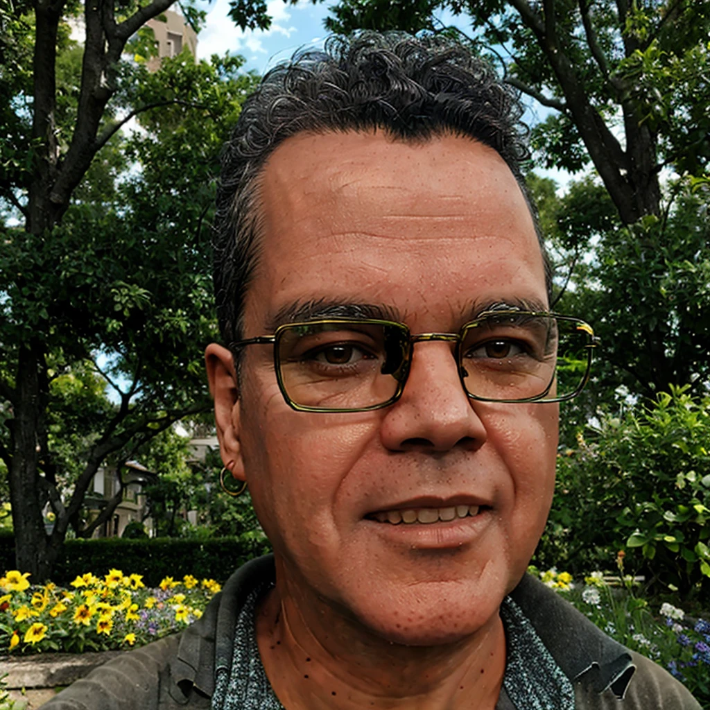 close-up, 50yo man (short hair, eyeglasses), in a beautiful garden, lookig at viewer, masterpiece, best quality, realistic, photorealistic, HDR, 8K, 16K, solo