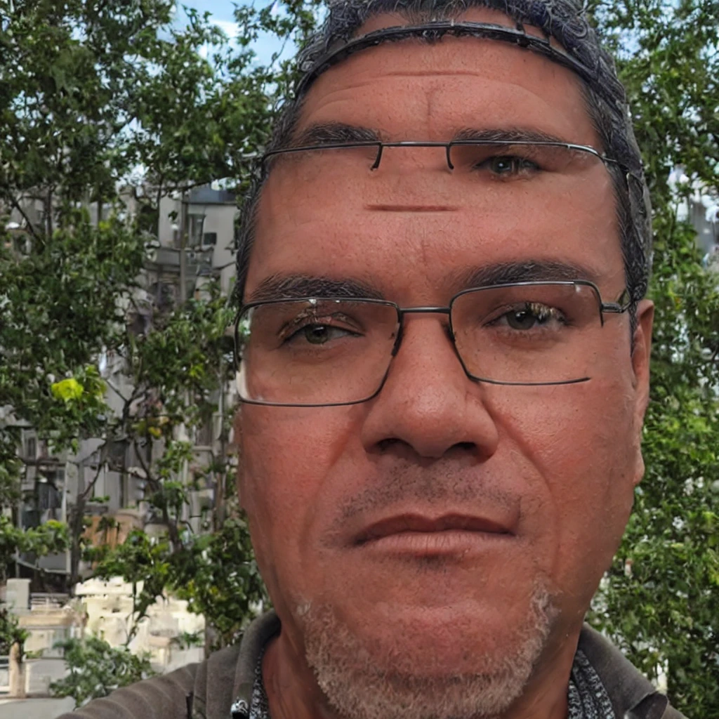 close-up, 50yo man (short hair, eyeglasses), in a beautiful garden, lookig at viewer, masterpiece, best quality, realistic, photorealistic, HDR, 8K, 16K, solo