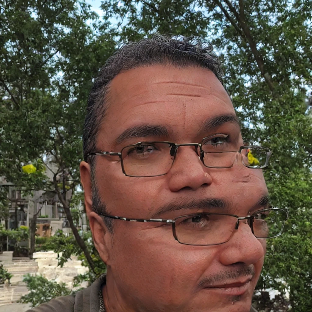 close-up, 50yo man (short hair, eyeglasses), in a beautiful garden, lookig at viewer, masterpiece, best quality, realistic, photorealistic, HDR, 8K, 16K, solo