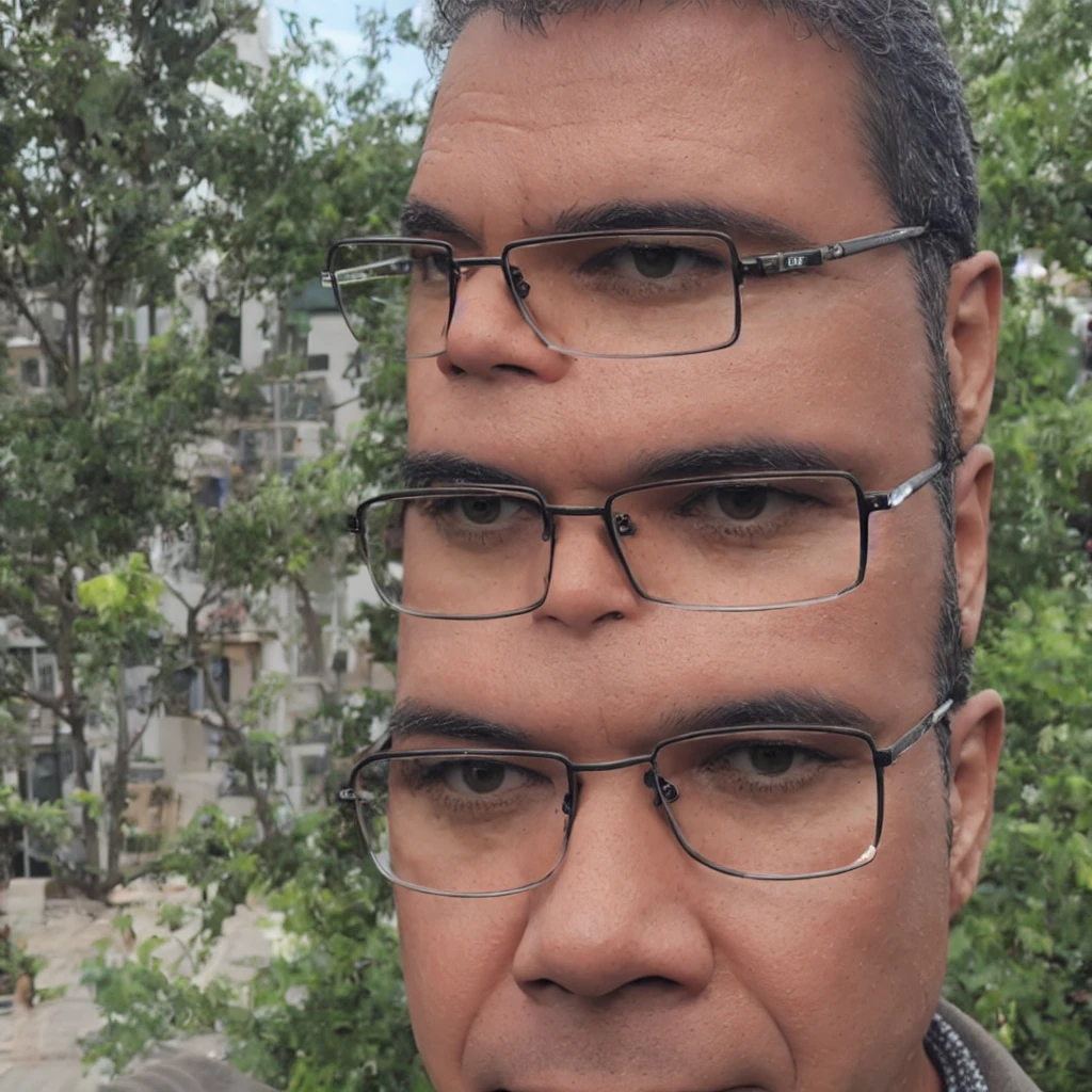 close-up, 50yo man (short hair, eyeglasses), in a beautiful garden, lookig at viewer, masterpiece, best quality, realistic, photorealistic, HDR, 8K, 16K, solo
