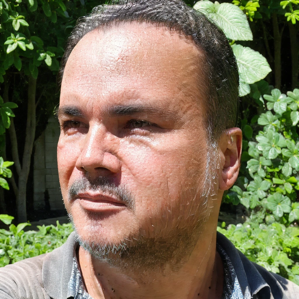 close-up, 50yo man (short hair, facial hair), looking at viewer, in a beautiful garden, masterpiece, best quality, 8K, 16K, UHD, photorealistic, solo