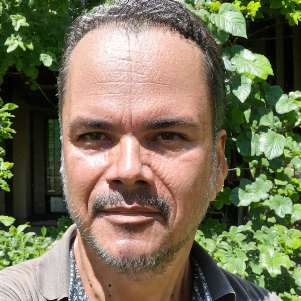 close-up, 50yo man (short hair, facial hair), looking at viewer, in a beautiful garden, masterpiece, best quality, 8K, 16K, UHD, photorealistic, solo