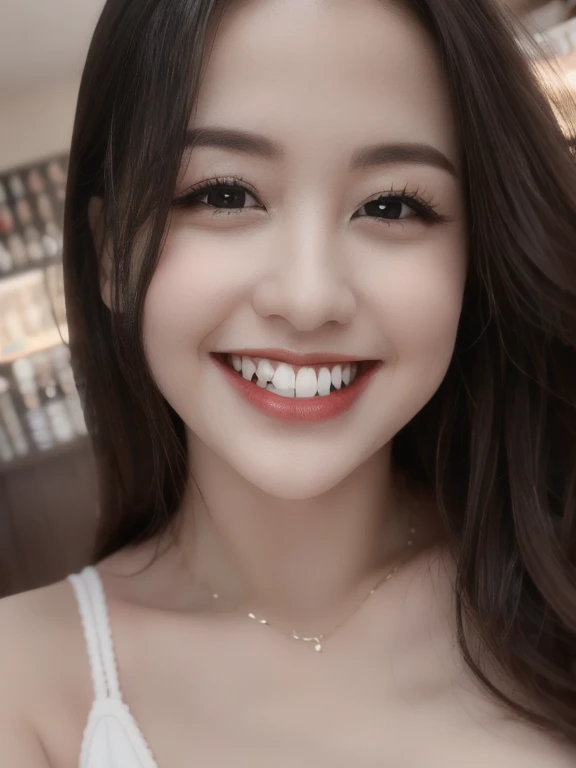 (realistic、masterpiece、Best Quality、8K、highres、high resolution:1.3)、1 girl、Huge breasts、smile, white bikini、pale white skin、looking at viewers、super fine face and eyes、long hair、indoor、 upper body、