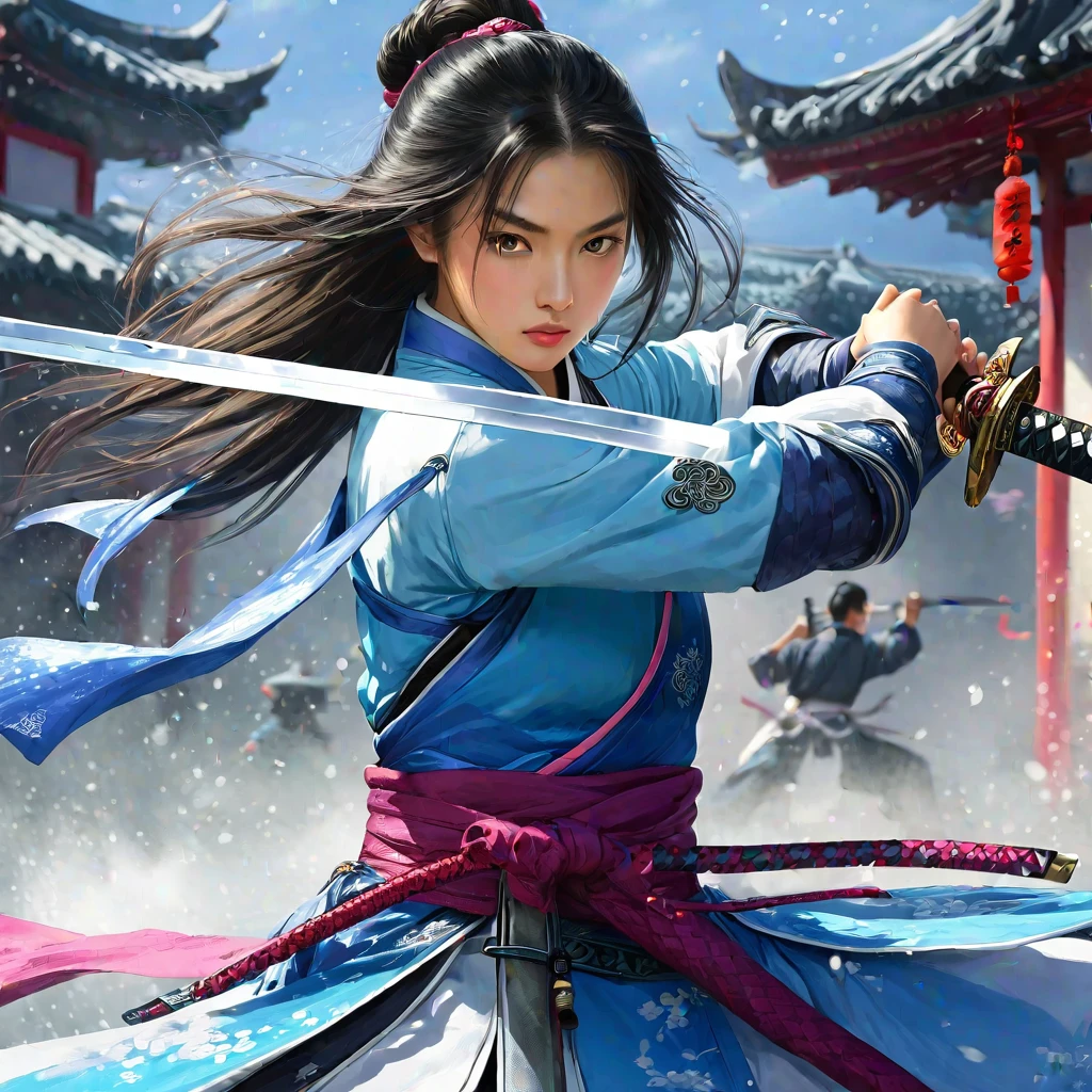 1girl,female swordman,凌厉的眼神,起手式,水平的长剑,东亚人