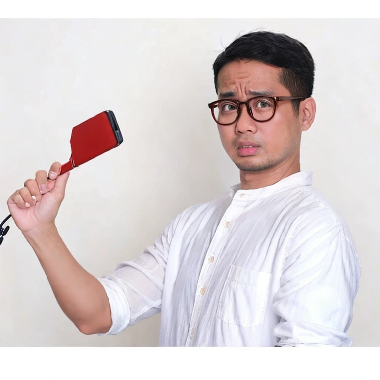 (masterpiece, best quality:1.2), 1man, solo, indonesian, expressive, short hair, black hair, eye glasses, white shirt, happy, sad, worried, angry, confuse