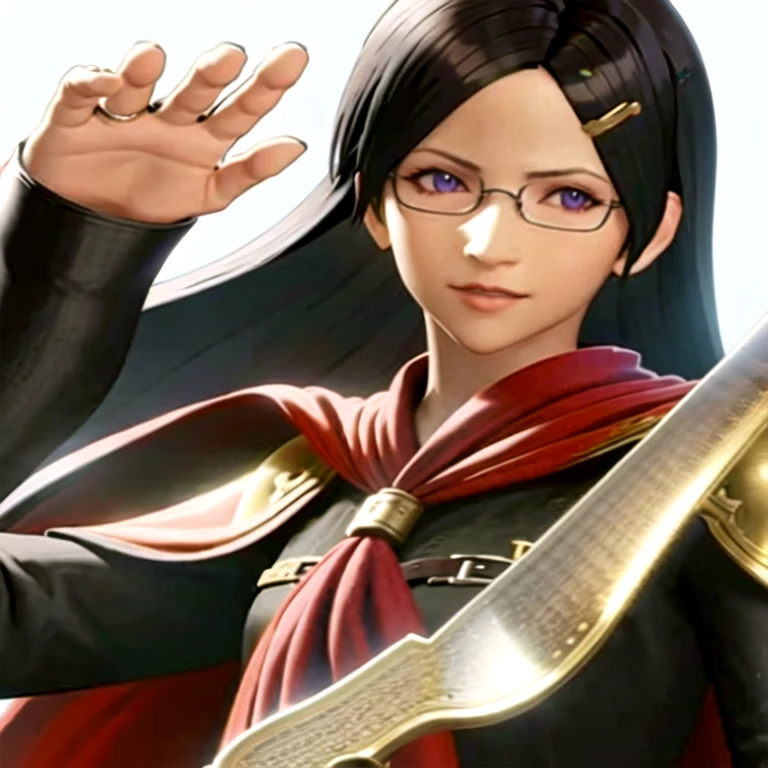 (masterpiece, best quality:1.2,simple background,white background),1girl,solo,cinque \(final fantasy\),black hair,purple eyes,closed mouth,looking at viewer,coat,long sleeves,pauldron,smile,neckerchief,long hair,hairpin,red cape,glasses