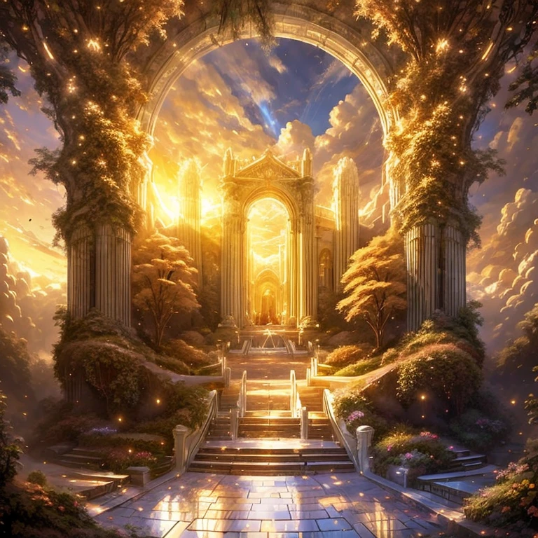 (masterpiece, best quality:1.2), a heaven gate landscape, expanding landscape. spacious, divine, aesthetic, heavenly, blue high sky, dramatic lighting, light effects, golden gate