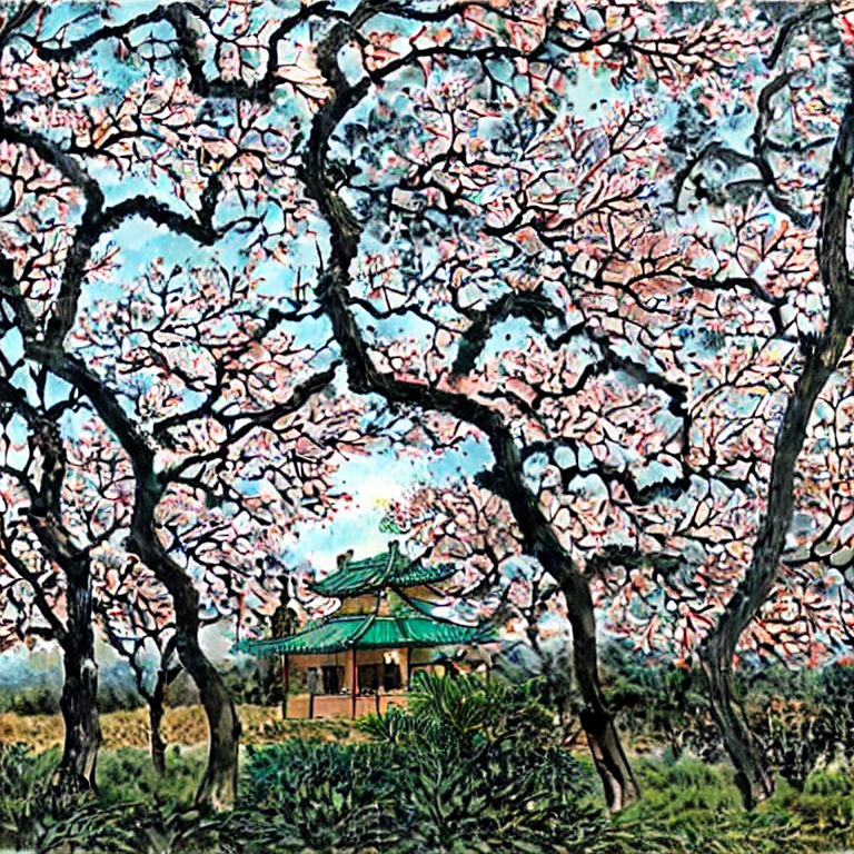 bare tree,branch,bush,cherry blossoms,forest,nature,outdoors,scenery,shrine,tree