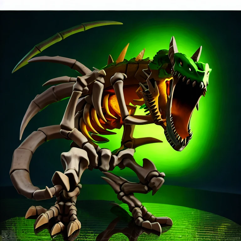 (masterpiece, best quality:1.2), no humans, monster, bones, green eyes, sharp teeth, SkullGreymon, skeleton, solo, open mouth, single horn, tail