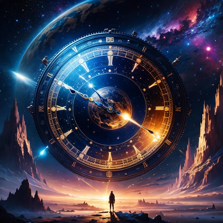 (masterpiece, best quality:1.2), a universe clock landscape, cinematic universe, clock, dramatic light, epic cosmic, time, expanding landscape, light effects, dramatic lighting, wallpaper, background, landscape
