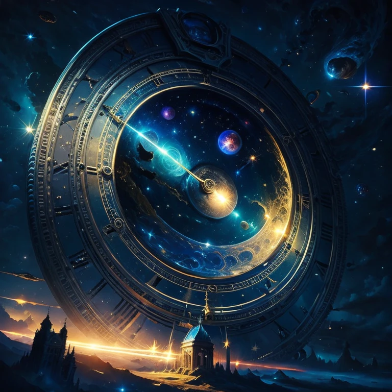 (masterpiece, best quality:1.2), a universe clock landscape, cinematic universe, clock, dramatic light, epic cosmic, time, expanding landscape, light effects, dramatic lighting, wallpaper, background, landscape