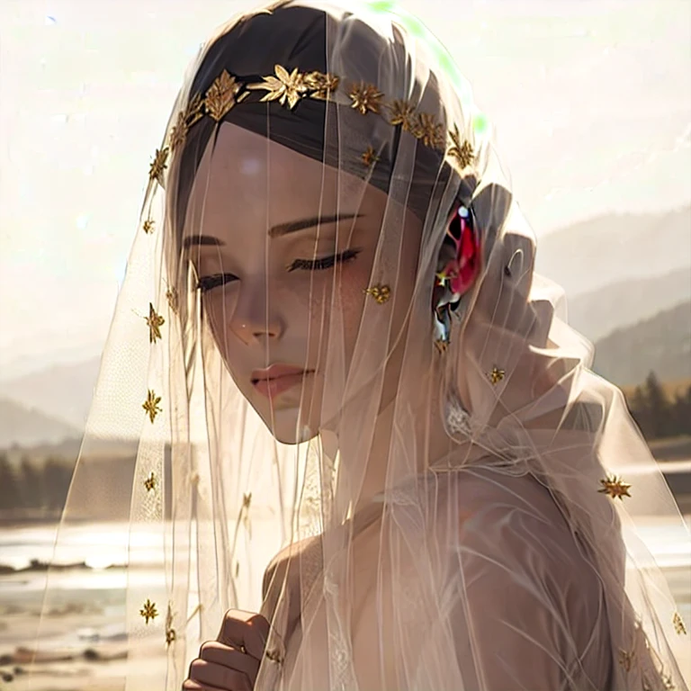 (masterpiece, best quality:1.2), a girl wear a veil headdress, veil headdress is covering her face, covered-face, closed eyes, cinematic light, cinematic sky