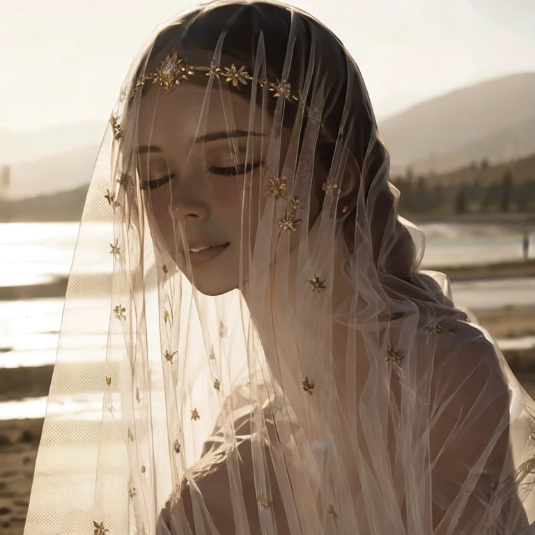 (masterpiece, best quality:1.2), a girl wear a veil headdress, veil headdress is covering her face, covered-face, closed eyes, cinematic light, cinematic sky
