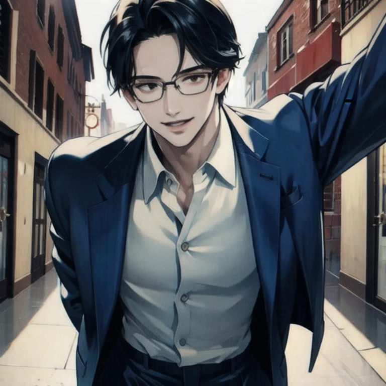 (masterpiece, best quality:1.2), a handsome men smiles, glasses, calculated eyes, soft light, cinematic scenery, 1men, solo men, 1 person, cinematic background