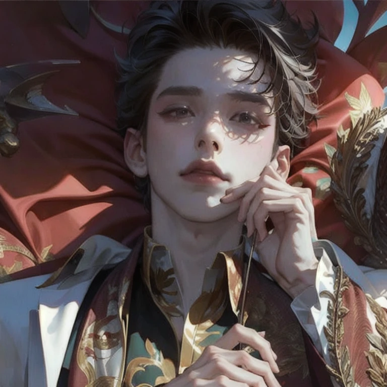 (masterpiece, best quality:1.2), a handsome men is lying down, unbothered eyes, forehead, soft light, cinematic scenery, 1men, solo men, 1 person, colorful background