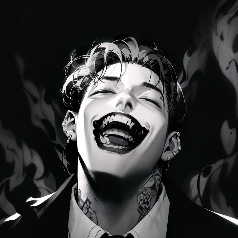 (masterpiece, best quality:1.2), a handsome men is laughing crazily, evil laugh, crazy laugh, closed-eyes, wide open mouth, adult, cinematic light, cinematic scenery, colorful background, wallpaper