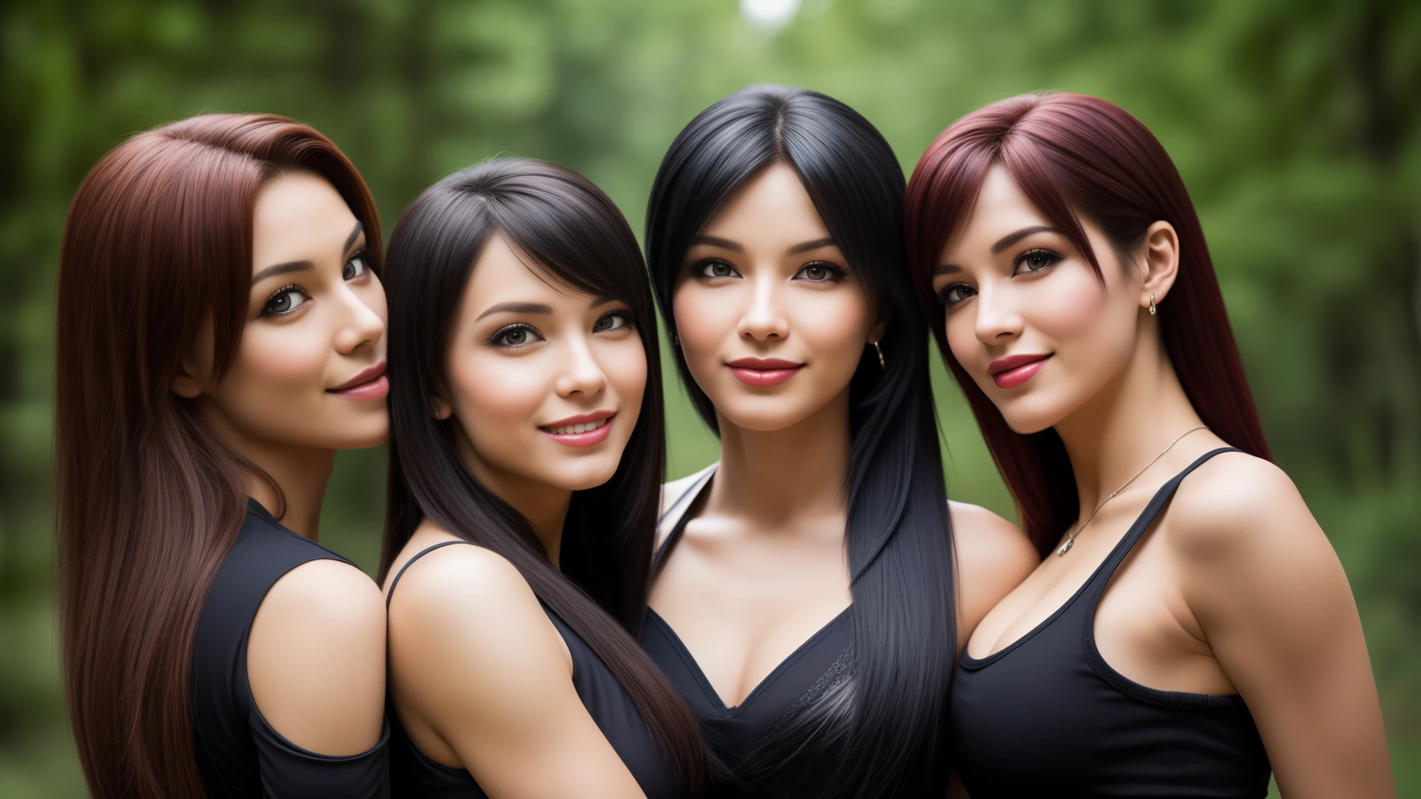 masterpiece,best qualtiy,hdr, hyper HD, 8K,Bokeh,Ultra-fine painting,Sharp focus,Physically-based rendering,Extreme detail description,full-body photo, perfect eyes, perfect hands, perfect body, perfect hair, (EOS R8, 50 millimeters, F1.2, 8K, RAW photo:1.2), photograph by arny freytag, rapunzel and pocahontas and tifa lockhart posing, sexy smile, (kissing:1.2)