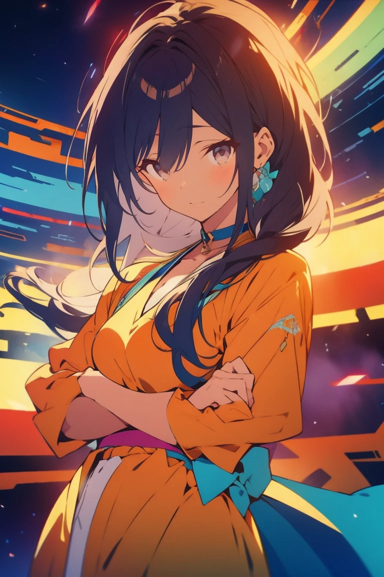 garota, Cabelo castanho, olhos laranja, crossed arms, no meio do cosmos, ((Estilo Anime)), camisa branca, cores suaves, fundo colorido, cosmic background, golpes suaves