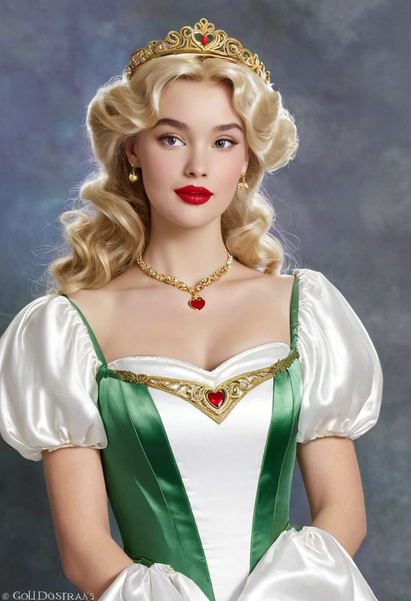(( Odette also known as the Swan Princess)) in the ((animated movie created by Walt Disney)) Is a Slender, beautiful, fair skin, Woman with ((amethyst eyes)) ((long shiny blonde, bouncy,curly hair that reaches pass her back)) ((wavy bangs swept to one side of her head)), ((red lips)) ((a golden heart-shaped locket)) attached to a (( necklace)) hands from her neck. She wears a white, medieval satin long dress with one green, short, puffy sleeve and two other white,puffy sleeves sectioned off by gold ribbons.She also wears flat, green-leather enclosed heels