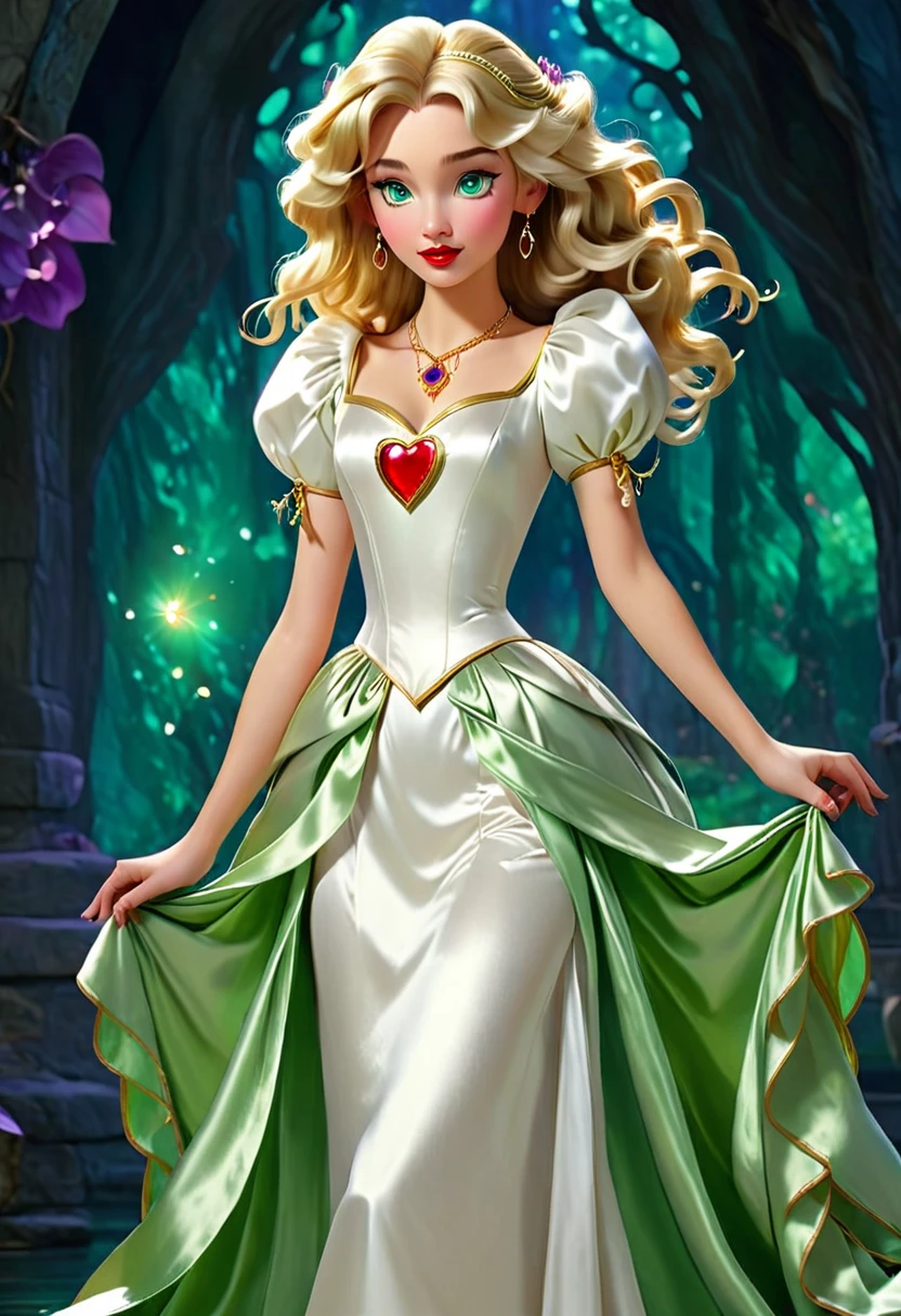 (( Odette also known as the Swan Princess)) in the ((animated movie created by Walt Disney)) Is a Slender, beautiful, fair skin, Woman with ((amethyst eyes)) ((long shiny blonde, bouncy,curly hair that reaches pass her back)) ((wavy bangs swept to one side of her head)), ((red lips)) ((a golden heart-shaped locket)) attached to a (( necklace)) hands from her neck. She wears a white, medieval satin long dress with one green, short, puffy sleeve and two other white,puffy sleeves sectioned off by gold ribbons.She also wears flat, green-leather enclosed heels