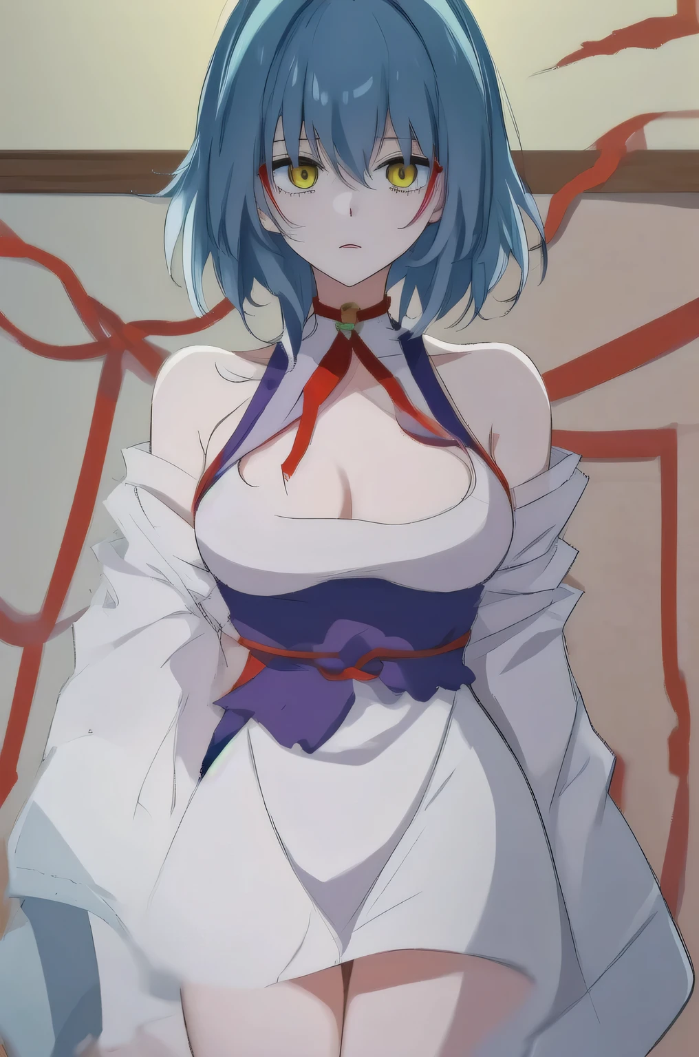 (masterpiece, best quality:1.2), 1girl, solo,blue hair, yellow eyes, taoist robe,white thights, red string, red choker
