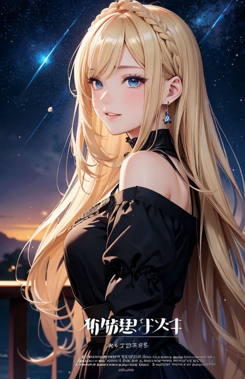 masterpiece、highest quality、High resolution、high quality images、8K, 1 female、skin luster、Texture of skin and clothing、Expression of fine eyes、Shiny bright golden hair,Girl with long braided hair, Manga inspired by Lee Jong-suk, trending on deviantart, realism, detailed manga style, manga art style, perfect line drawing, beautiful line drawing, digital manga art girl, K-POPアイドル, beautiful blue eyes, plump lips, detailed gorgeous face, (cute smile), charm, innocent, Side view, (perfectly detailed face), (fine hands) photorealistic images, Depth of written boundary, Princess hairstyle, Corolla on the head , fortune teller , fortune tellerの服 , tarot cards , show your shoulders , I can see the cleavage , night sky , night view ，beautiful starry sky ，beautiful starry sky , tarot cards , romanticism,