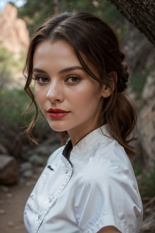 photo portrait de JoSkriver cheveux de belle femme , double bien, Hiking trail in Zions National Park, full red lips, (chef-d'artwork) (best quality) (detailed) (8K) (hdr) (fond d'screen) (cinema lighting) (sharpness) (Complexe)