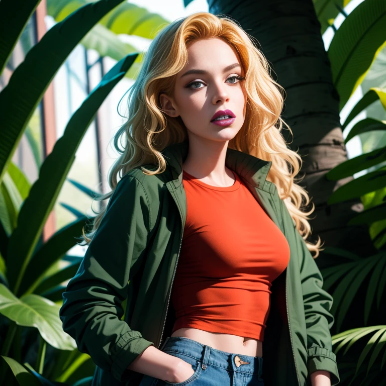 debbieb3rry, in jungle, long curly blonde hair, green jacket, orange shirt, torn jeans, purple lips, (intricate details), perfect eyes, perfect face, perfect lighting, beautiful, (masterpiece:1.2), (best quality:1.2)