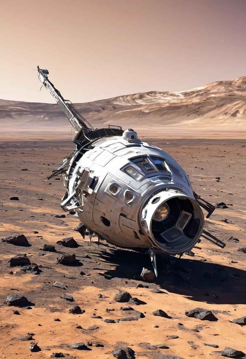 Crash-landed spacecraft, partially wrecked, Science Fiction
