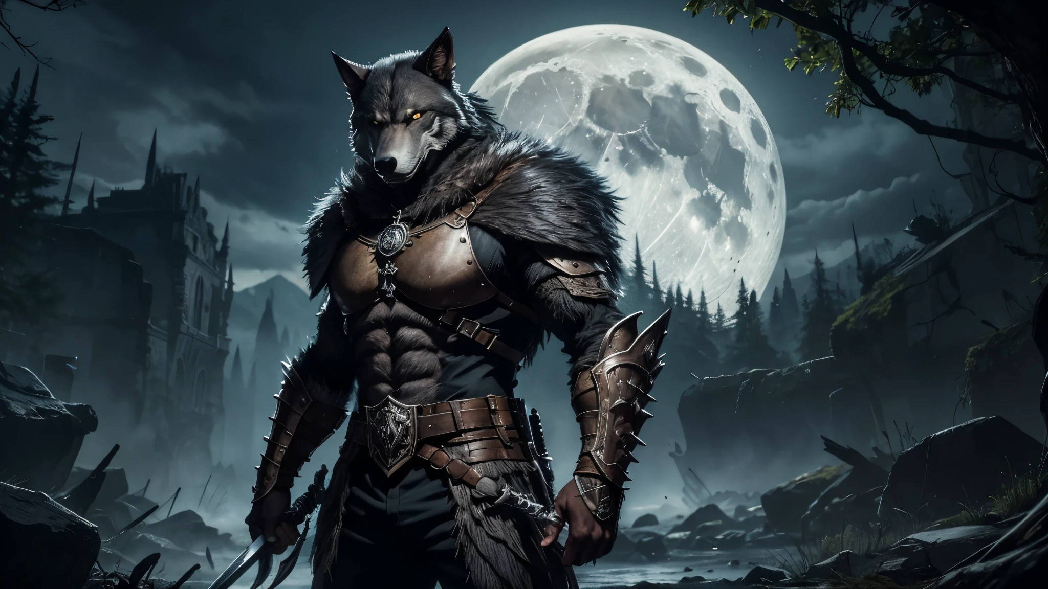Draw a fantastic scene of a werewolf standing, vestindo uma armadura de batalha robusta e intimidante. The werewolf must have distinct wolfish features, como orelhas pontudas e olhos amarelos intensos. Sua pele deve ter uma tonalidade de cinza escuro, with thick hair visible on various parts of the body. A armadura deve ser feita de metal resistente, com detalhes intrincados e adornos decorativos. Certifique-se de incluir placas de armadura nos ombros, peito, arms and legs, com correntes ou couro para garantir mobilidade. The werewolf must hold a long, sharp sword in one hand, with the other hand raised in a ready position. The surrounding scenery may be a gloomy nightscape, with the full moon shining in the sky, adding a mysterious and epic mood to the scene. Garanta que os detalhes da anatomia do homem-lobo e da armadura sejam realistas e impressionantes, capturing the fusion between wild nature and the ferocity of war.