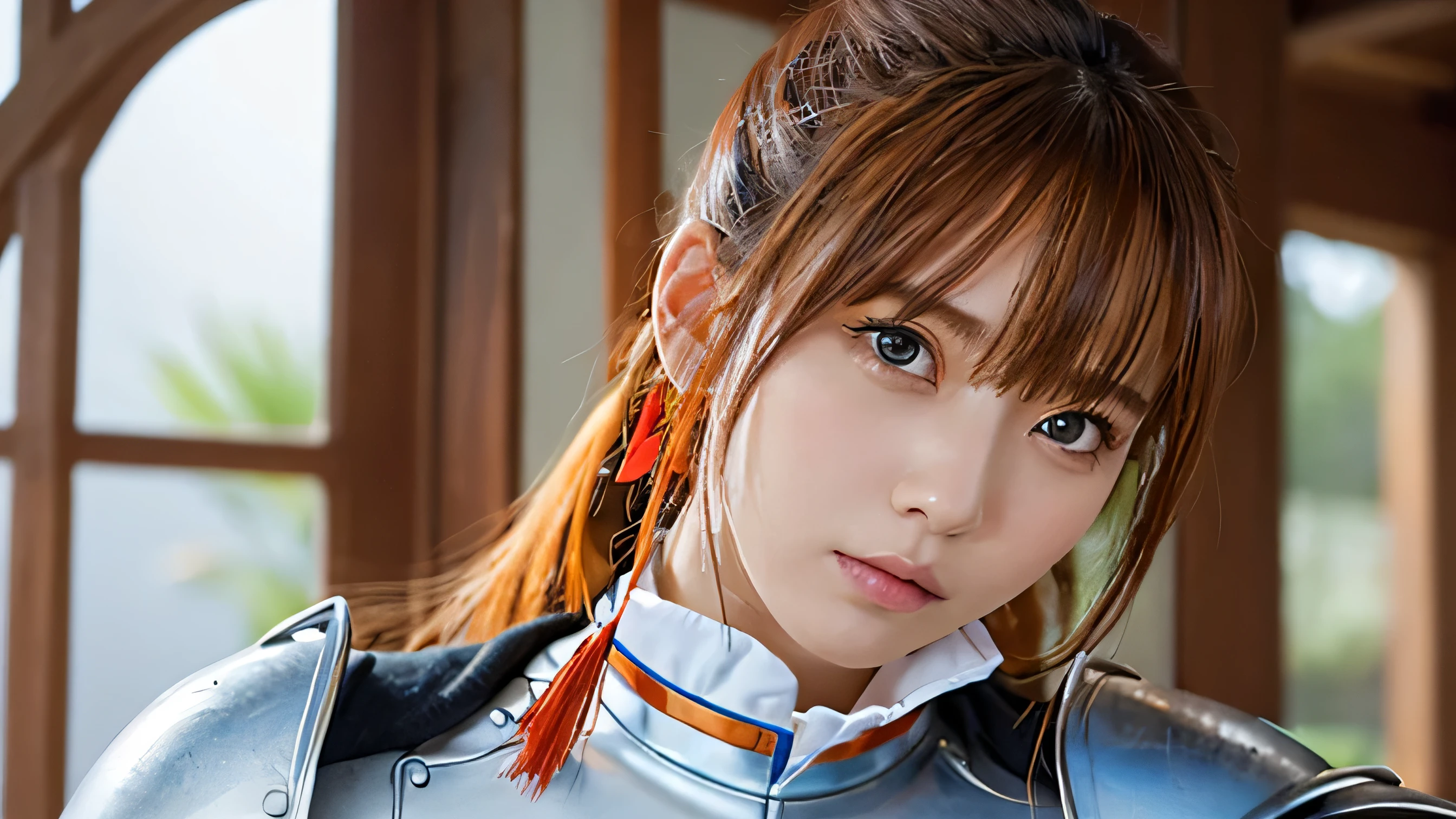 ((alone),masterpiece,highest quality,High resolution,realistic, photo realistic), KonoSuba,cosplay,knight,Japanese,Beautiful woman,19 years old,big eyes,light blue eyes,looking at the camera,blonde,ponytail hair,red hair pin,red neck ribbon,White armor with orange decoration,Black undershirt,White feather on right shoulder,sexy pose,Darkness on a green background KonoSuba
