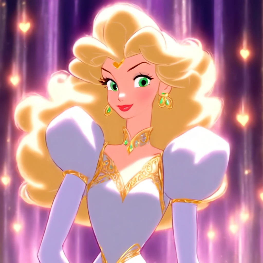 (( Odette also known as the Swan Princess)) in the ((animated movie created by Walt Disney)) Is a Slender, beautiful, fair skin, Woman with ((amethyst eyes)) ((long shiny blonde, bouncy,curly hair that reaches pass her back)) ((wavy bangs swept to one side of her head)), ((red lips)) ((a golden heart-shaped locket)) attached to a (( necklace)) hands from her neck. She wears a white, medieval satin long dress with one green, short, puffy sleeve and two other white,puffy sleeves sectioned off by gold ribbons.She also wears flat, green-leather enclosed heels