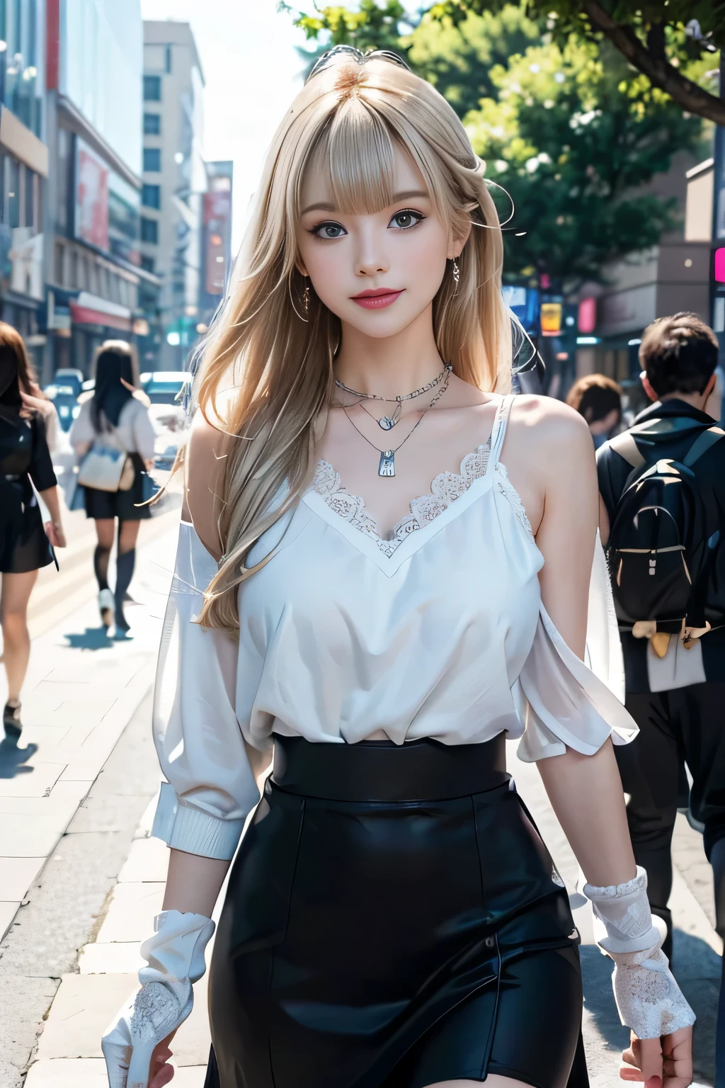 ★1x low angle,from below,((masterpiece, highest resolution,best quality)), (beautiful illustration), ((1girl,cute,young,semi long beautiful siver blonde hair,blunt bangs,beautiful eyes)),(solo),(beautiful elegant office blouse and black skirt),(looking at the viewer), (walking around the shopping mall),
innocent smile, white over-kneehighs,Lace chalker, wristband, fingerless gloves, over-kneehighs,
Lace chalker, diamond necklace,wristband, fingerless gloves, earrings, cinematic lighting, windy,shopping mall,big city,busy street,day,blue sky,flowers and trees,crowded,