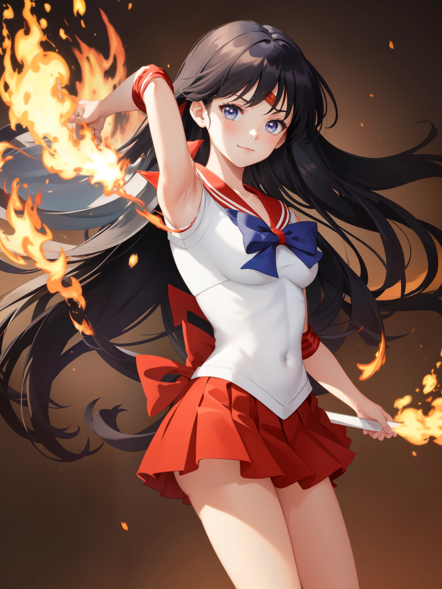 Show your armpits,masterpiece, highest quality, disorganized, perfect anatomy, 1 girl, alone, mars, very long hair, parted bangs, sailor warrior uniform, red sailor collar, red skirt, elbow bag, Are standing, cowboy shot, smile, Cartoon flame on background, stylized background