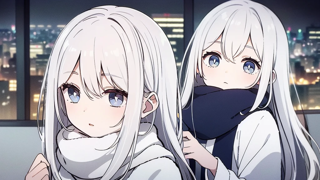 ((masterpiece, best quality))++, Detail lights+,  detail hair+, Detail hand+ ,1 girl, long gray hair,   dark blue eyes,  beautiful eyes, Young gray hair,,(beautiful white hair:1.5),(beautiful eyes),    High resolution+,   ，  Glass tones, Reflective eyeanyery detail wallpaper, original, ,scarf ，A girl at home，wearing pajamas，Warm colors，city View