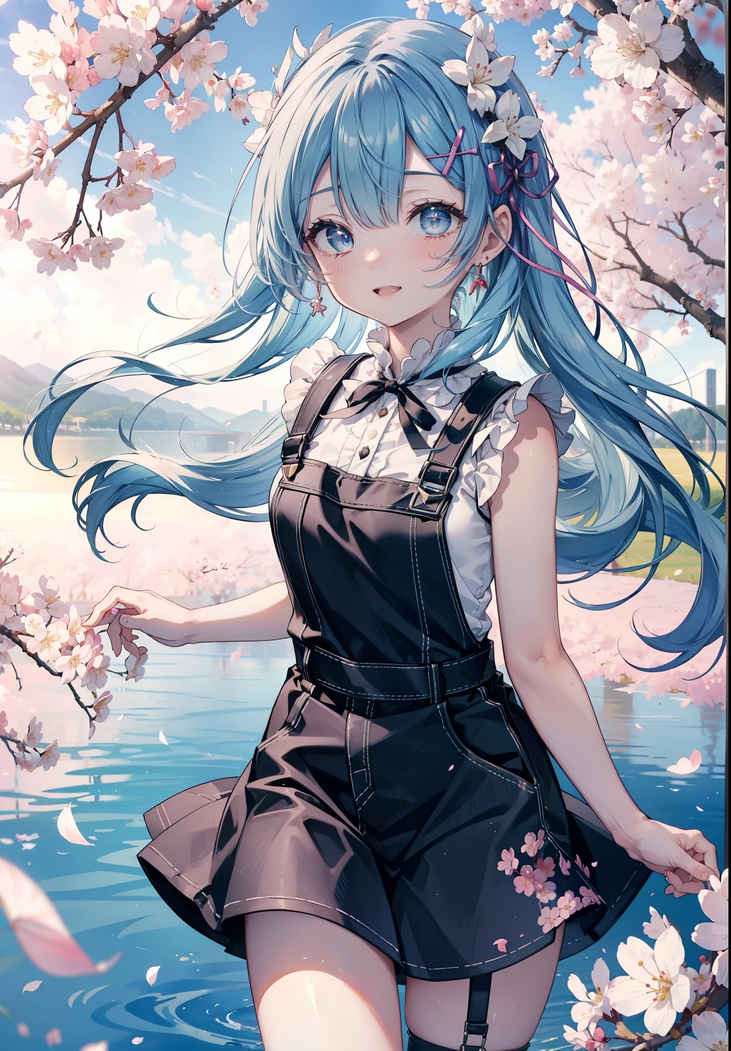 rezeroRem, Rem, blue eyes, blue hair, hair ornaments, hair above one eye, hair ribbon, long hair, x hair ornaments,happy smile, smile, open your mouth,skirt,Pink tank top shirt,bare arms,denim overalls,shorts,black tights,Mini Boots,cherry blossoms,cherry blossoms並木道,cherry blossomsが咲いている,cherry blossomsが散っている,morning,morning日,the sun is rising,
break outdoors, garden,
break looking at viewer, (cowboy shot:1. 5)
break (masterpiece:1.2), highest quality, High resolution, unity 8k wallpaper, (figure:0.8), (detailed and beautiful eyes:1.6), extRemely detailed face, perfect lighting, extRemely detailed CG, (perfect hands, perfect anatomy),