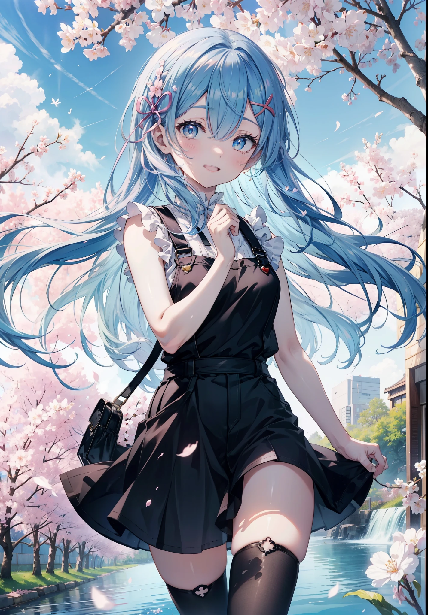 rezeroRem, Rem, blue eyes, blue hair, hair ornaments, hair above one eye, hair ribbon, long hair, x hair ornaments,happy smile, smile, open your mouth,skirt,Pink tank top shirt,bare arms,denim overalls,shorts,black tights,Mini Boots,cherry blossoms,cherry blossoms並木道,cherry blossomsが咲いている,cherry blossomsが散っている,morning,morning日,the sun is rising,
break outdoors, garden,
break looking at viewer, (cowboy shot:1. 5)
break (masterpiece:1.2), highest quality, High resolution, unity 8k wallpaper, (figure:0.8), (detailed and beautiful eyes:1.6), extRemely detailed face, perfect lighting, extRemely detailed CG, (perfect hands, perfect anatomy),