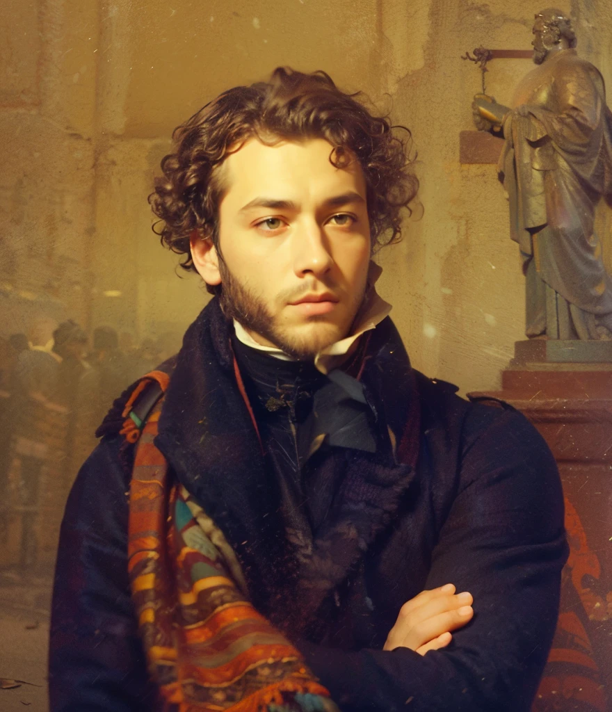 arafed portrait of a man with a scarf and a statue, portrait of Alexander Pushkin, (((curly hair))), (((Shaved face but thick sideburns))), (((Shaved chin))), by Karl Bryullov, Masterpiece, highly detailed face, cinematic, award winning photograph, photorealistic facial features, great cinematic lighting, octane render, ultra-detailed, best quality, depth of field, sharp focus, vibrant colors, detailed shadows, artgerm, trending on artstation, official art, unity 8k wallpaperHDR, 4k, 8k, HD,