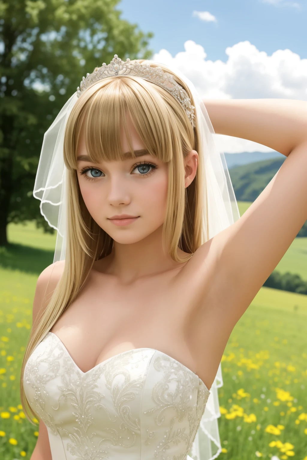 A girl,,wedding dress,european countryside,blonde,bangs bangs,pretty face,thick and muscular upper arms,armpit