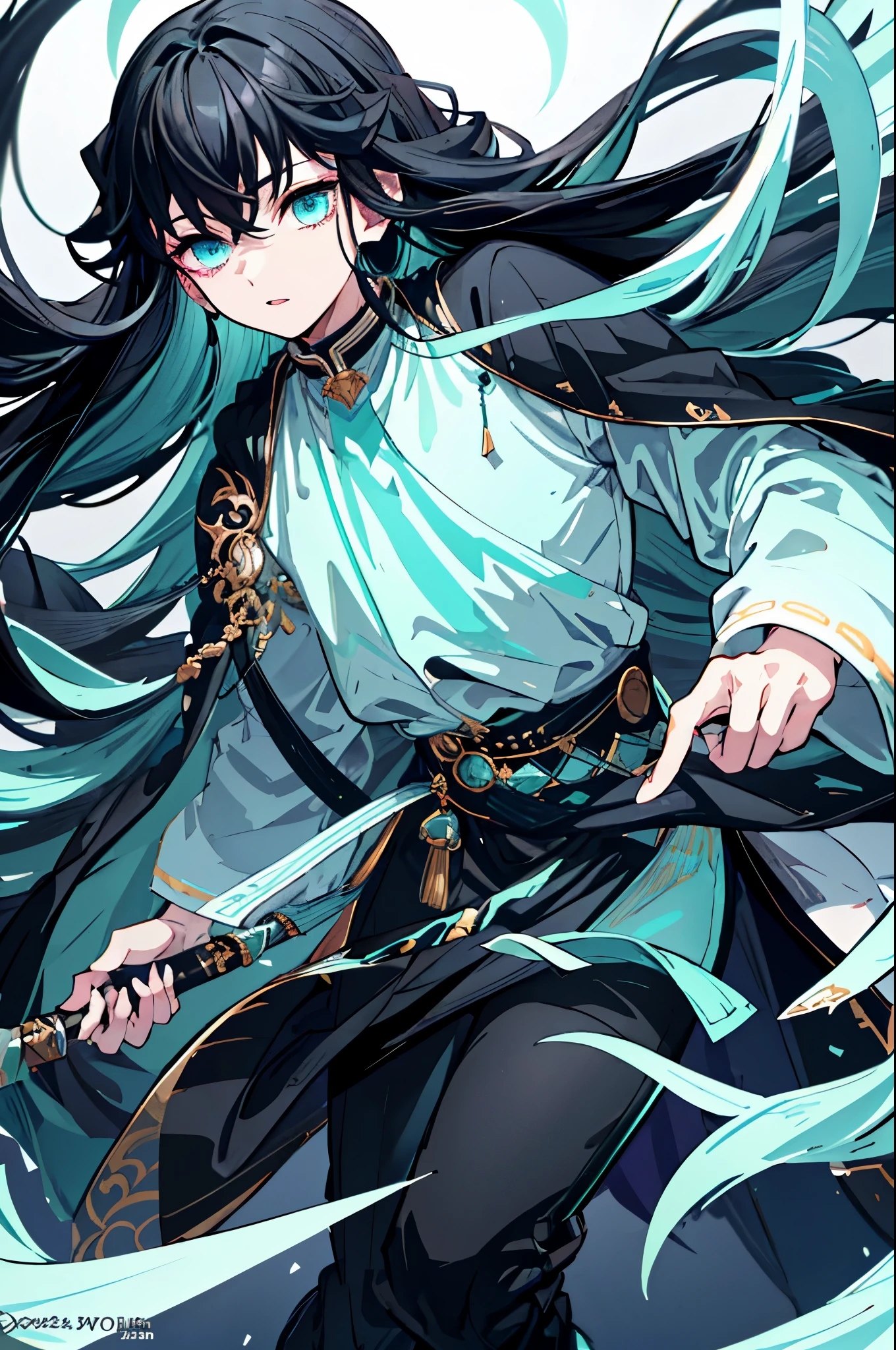 highest quality、highest quality、Super detailed、perfect face、very detailed、perfect human body、Very delicate and detailed、1 boy、long black hair、hair is down to the waist、The ends of the hair are mint green、light blue eyes、Wearing a big black hoodie、black pants、night、detailed background