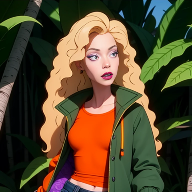 debbieb3rry, in jungle, long curly blonde hair, green jacket, orange shirt, torn jeans, purple lips, (intricate details), perfect eyes, perfect face, perfect lighting, beautiful, (masterpiece:1.2), (best quality:1.2)