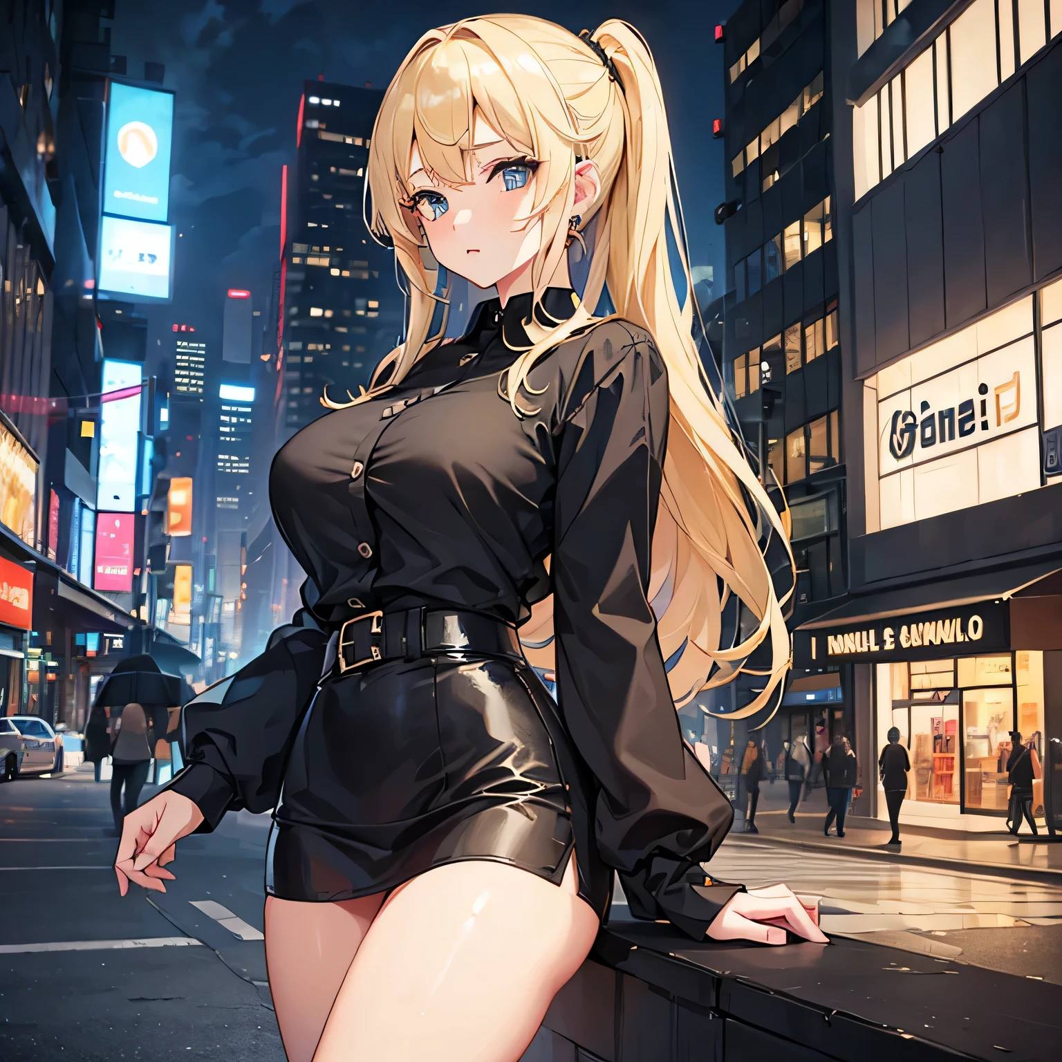 ((1Girl)), ((Softly pinned Half Up do)), Blonde hair, Exaggerated Body, Sexy, Black shirt,((city background))