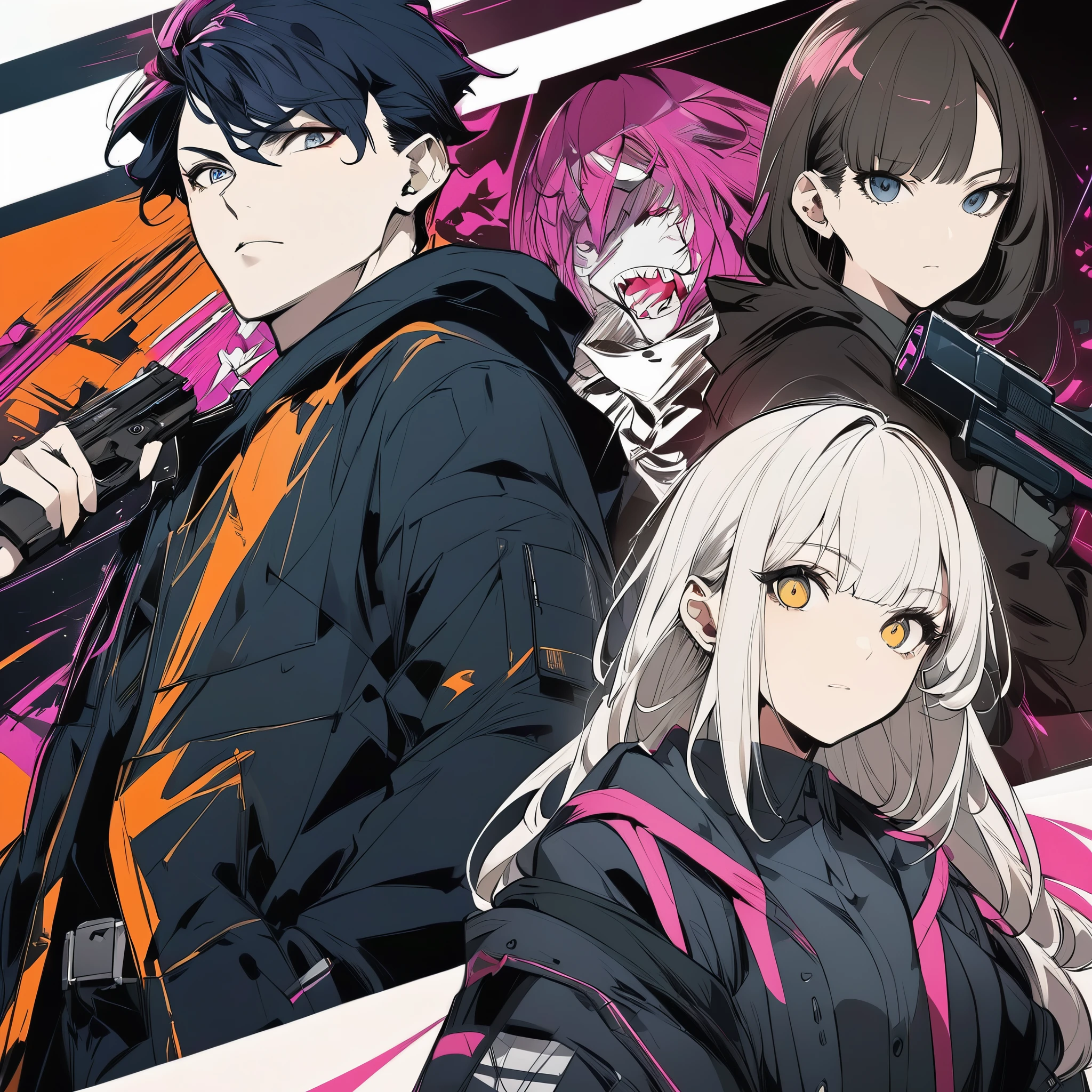 cyber punk、Two different people are depicted on either side of the center、business shirt、belt、hooded coat、have a handgun, subtle anime style, sketched, Very modern anime style, anime shading, Semi-realistic anime style, anime style, anime style characters, anime style drawing